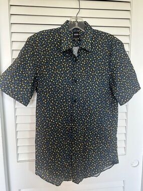BOSS Navy Blue Short-Sleeve Button-Down Shirt with Yellow and Blue Floral Print